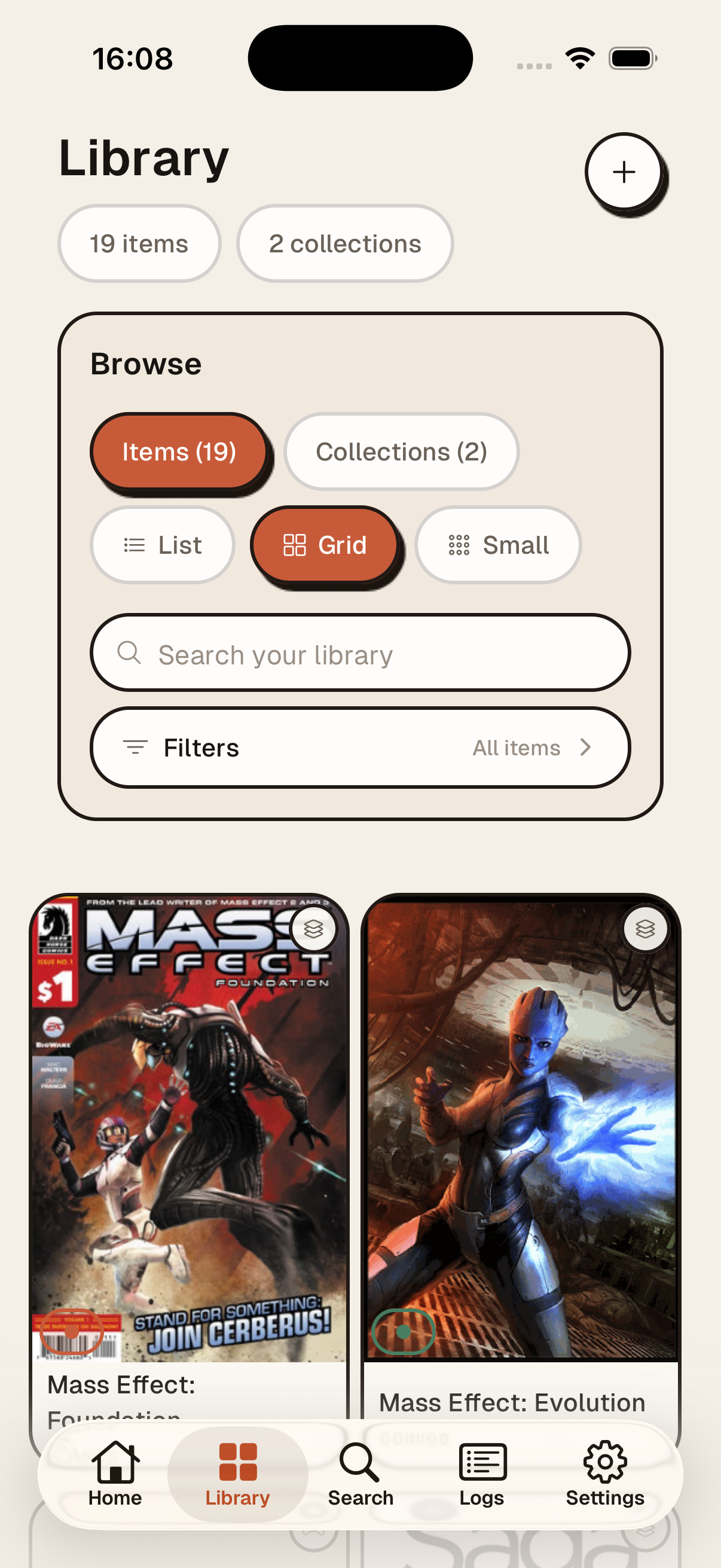 Yore library screen in grid view